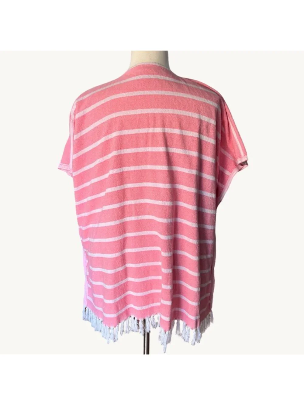 Jennifer Shamam OS Pink & White Striped Hand Woven Tassel Kaftan Beach Cover Up